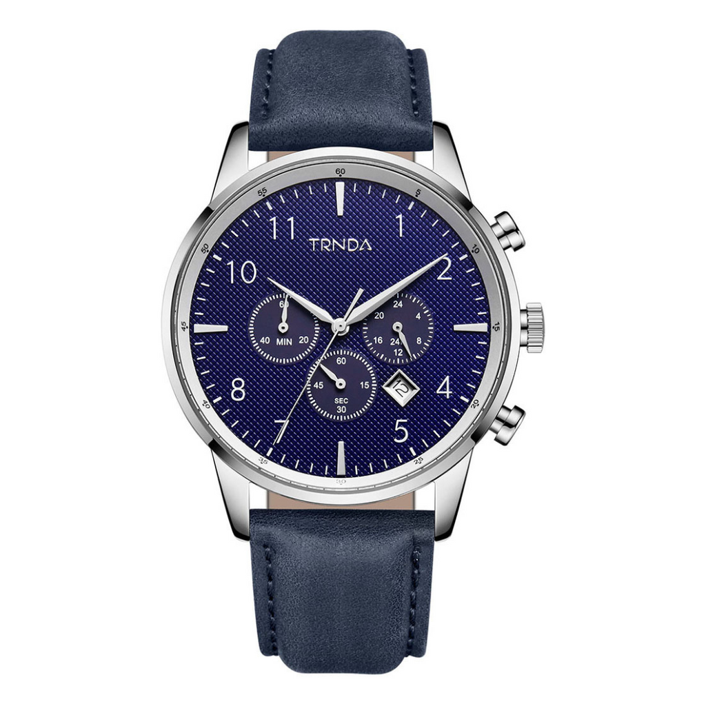 TRNDA STAINLESS STEEL MEN'S WATCH - TIMELESS STYLE WITH BLUE LEATHER BAND & DARK DIAL