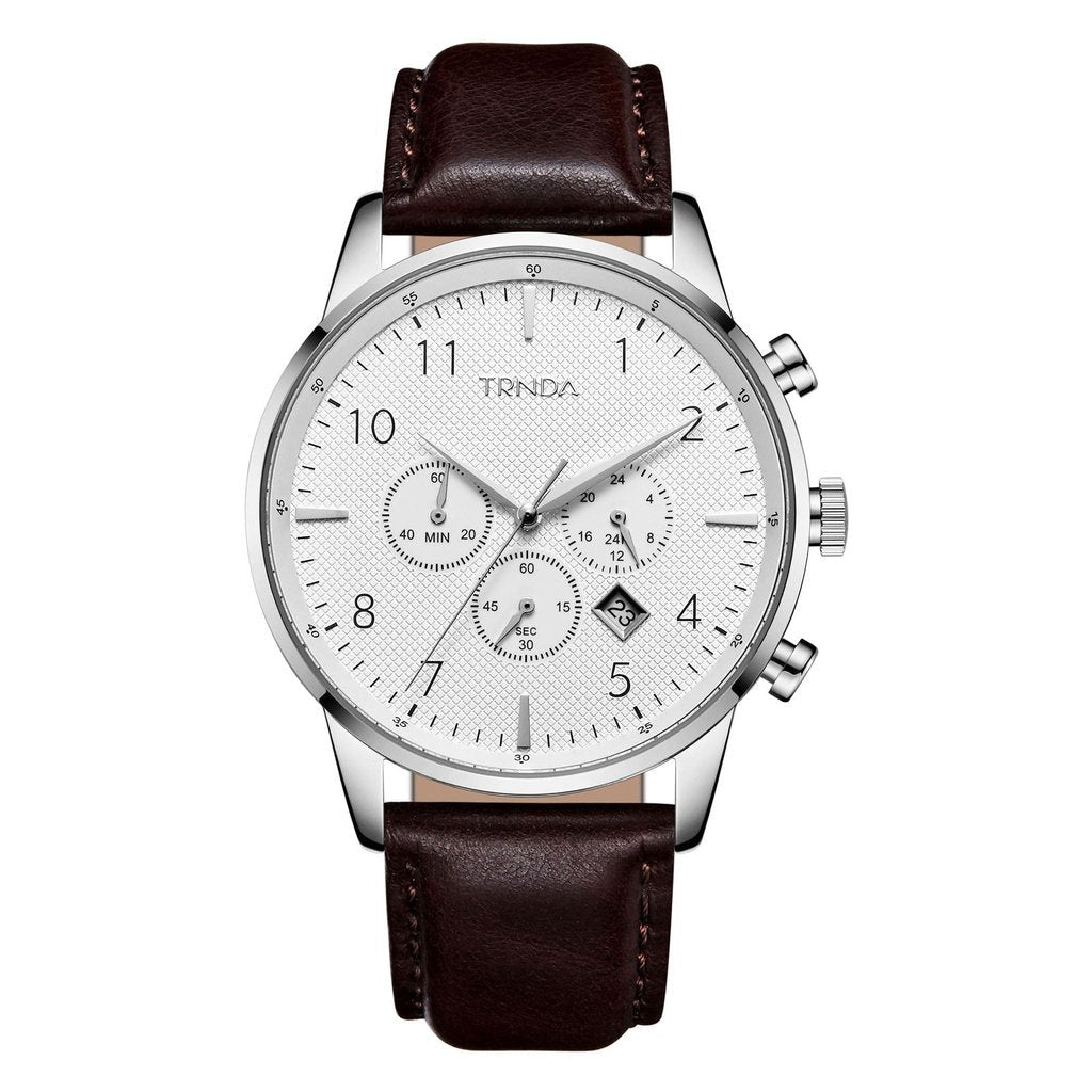 TRNDA STAINLESS STEEL CLASSIC - TIMELESS MEN'S WATCH WITH BROWN LEATHER BAND & SILVER WHITE DIAL