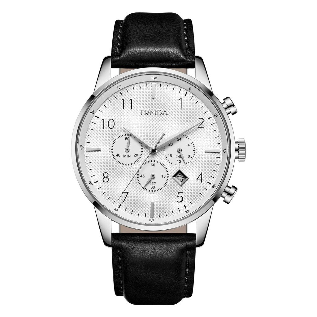 TRNDA MEN'S STAINLESS STEEL TIMEPIECE - ELEGANT SILVER & BLACK LEATHER FASHION WATCH