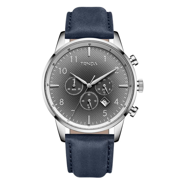 TRNDA STAINLESS STEEL MEN'S WATCH - TIMELESS STYLE WITH BLUE LEATHER BAND & GRADIENT GRAY DIAL