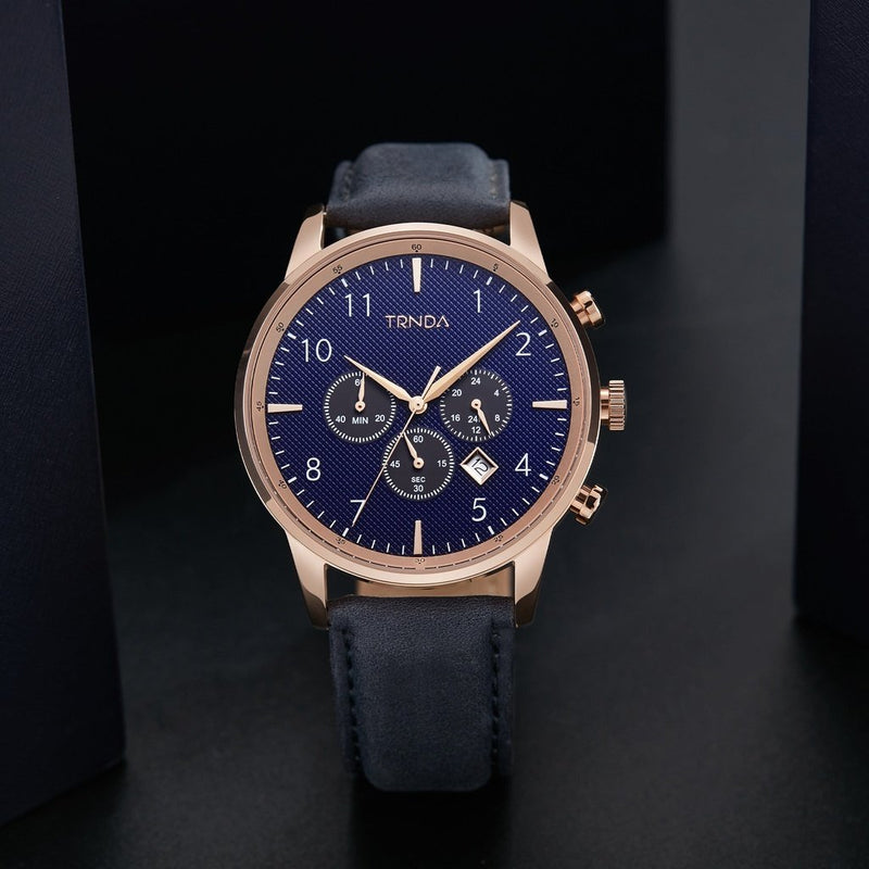 Trnda Men's Rose Gold Stainless Steel Watch, Blue Leather Band | Trn-43rglb by i-watch