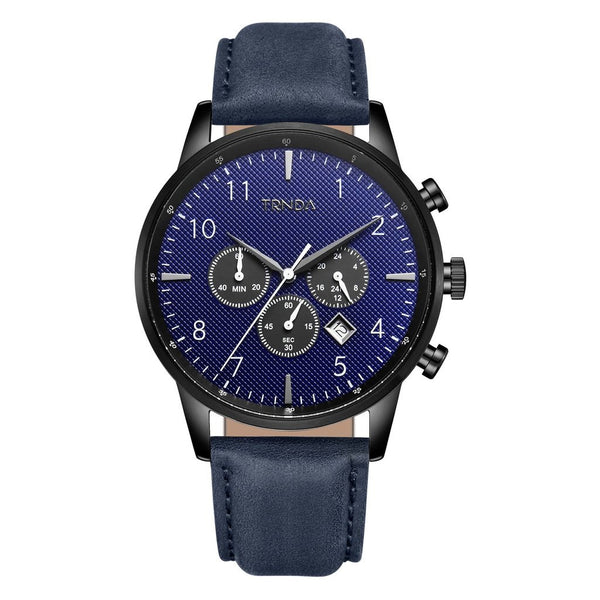 TRNDA STAINLESS STEEL MEN'S WATCH - TIMELESS BLACK & BLUE DIAL WITH GENUINE LEATHER BAND