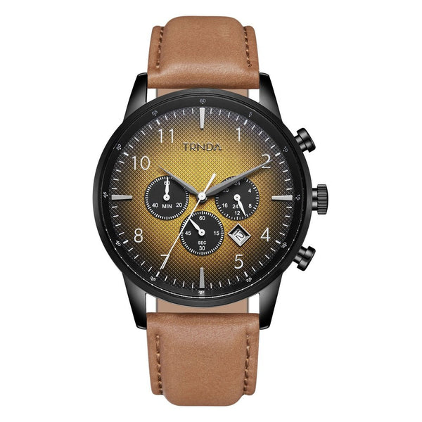 TRNDA STAINLESS STEEL 43MM BLACK DIAL MENS WATCH - TRENDY TAN LEATHER BAND