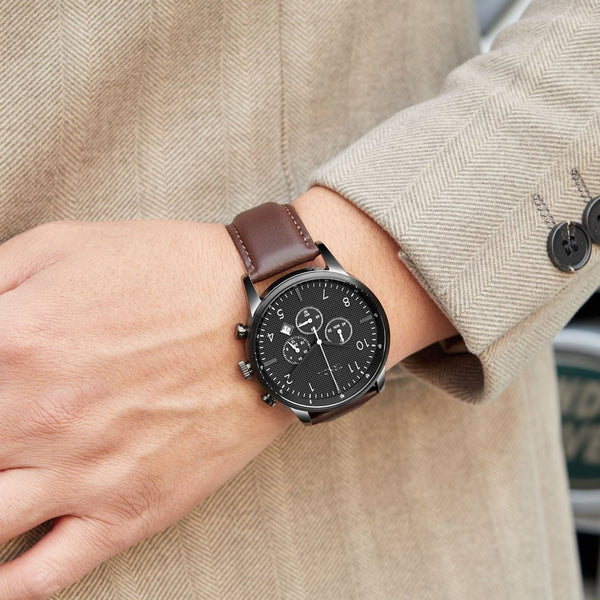 Trnda Men's Stainless Steel Black Watch, Brown Leather Band | Trn-43mm-Bl by i-watch