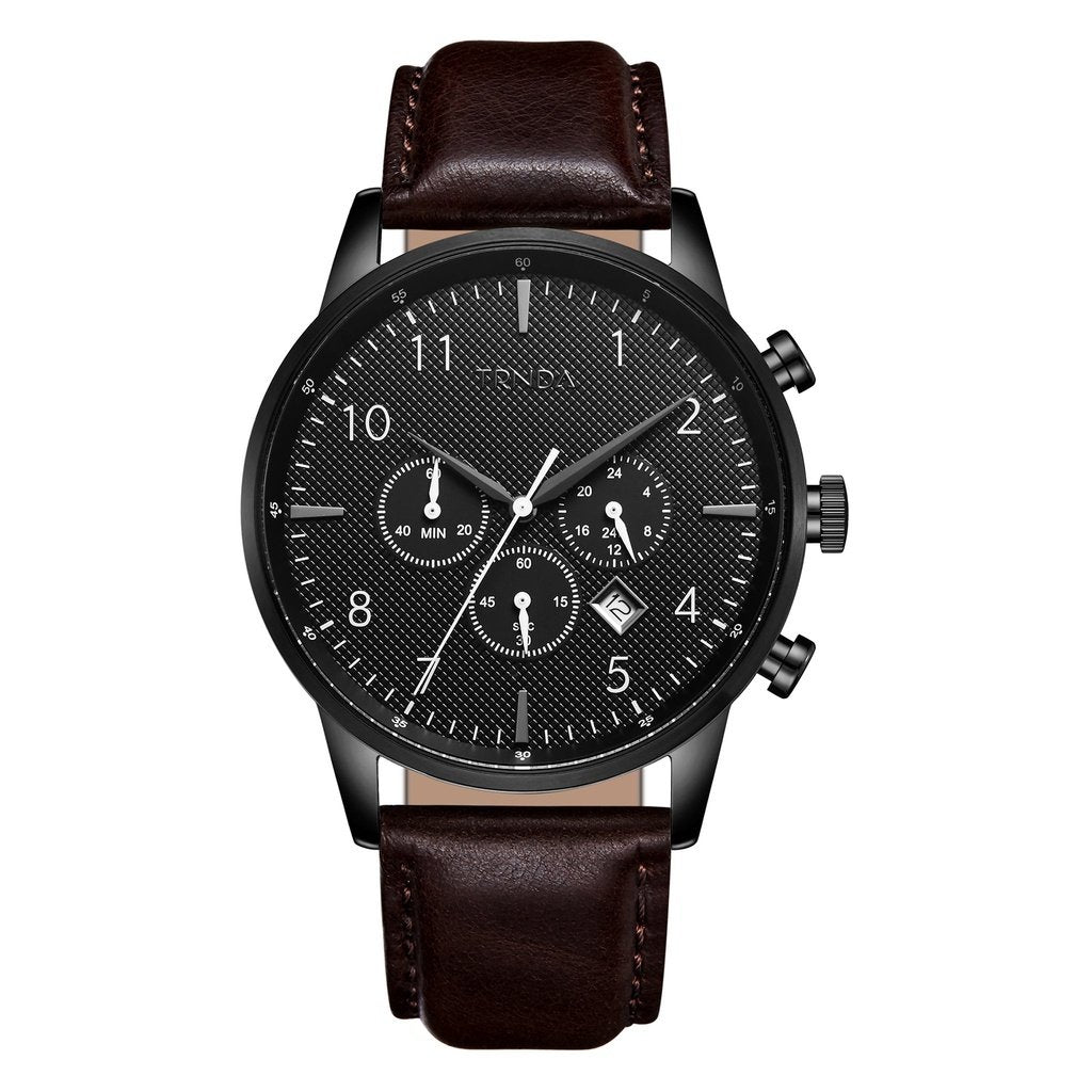 Trnda Men's Stainless Steel Black Watch, Brown Leather Band | Trn-43mm-Bl by i-watch