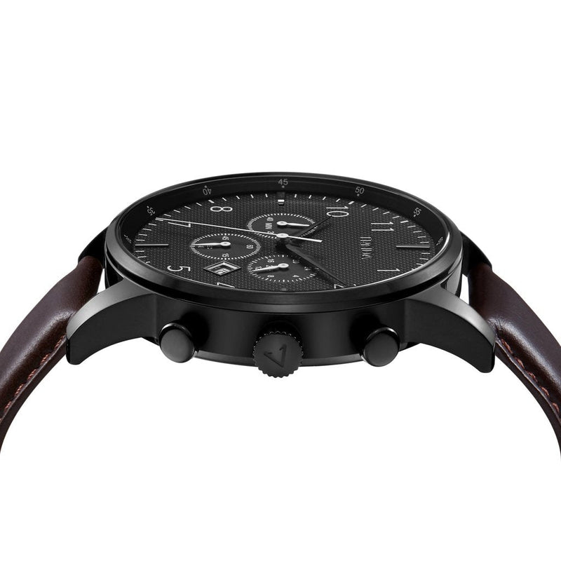 Trnda Men's Stainless Steel Black Watch, Brown Leather Band | Trn-43mm-Bl by i-watch