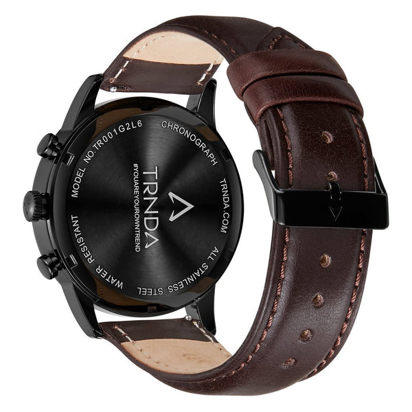 Trnda Men's Stainless Steel Black Watch, Brown Leather Band | Trn-43mm-Bl by i-watch