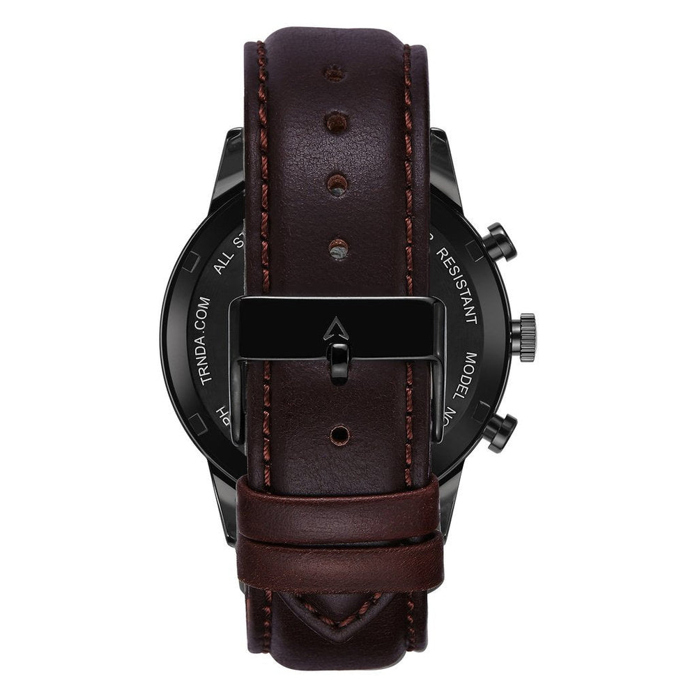 Trnda Men's Stainless Steel Black Watch, Brown Leather Band | Trn-43mm-Bl by i-watch