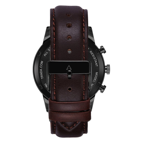 Trnda Men's Stainless Steel Black Watch, Brown Leather Band | Trn-43mm-Bl by i-watch