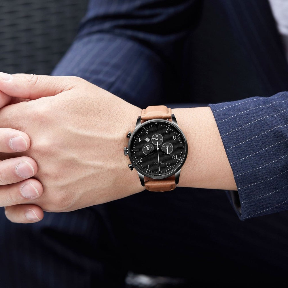 Trnda Men's Black Stainless Steel Watch, Tan Leather Band | Trn43mm by i-watch