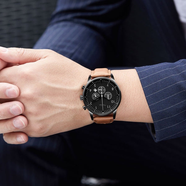 Trnda Men's Black Stainless Steel Watch, Tan Leather Band | Trn43mm by i-watch