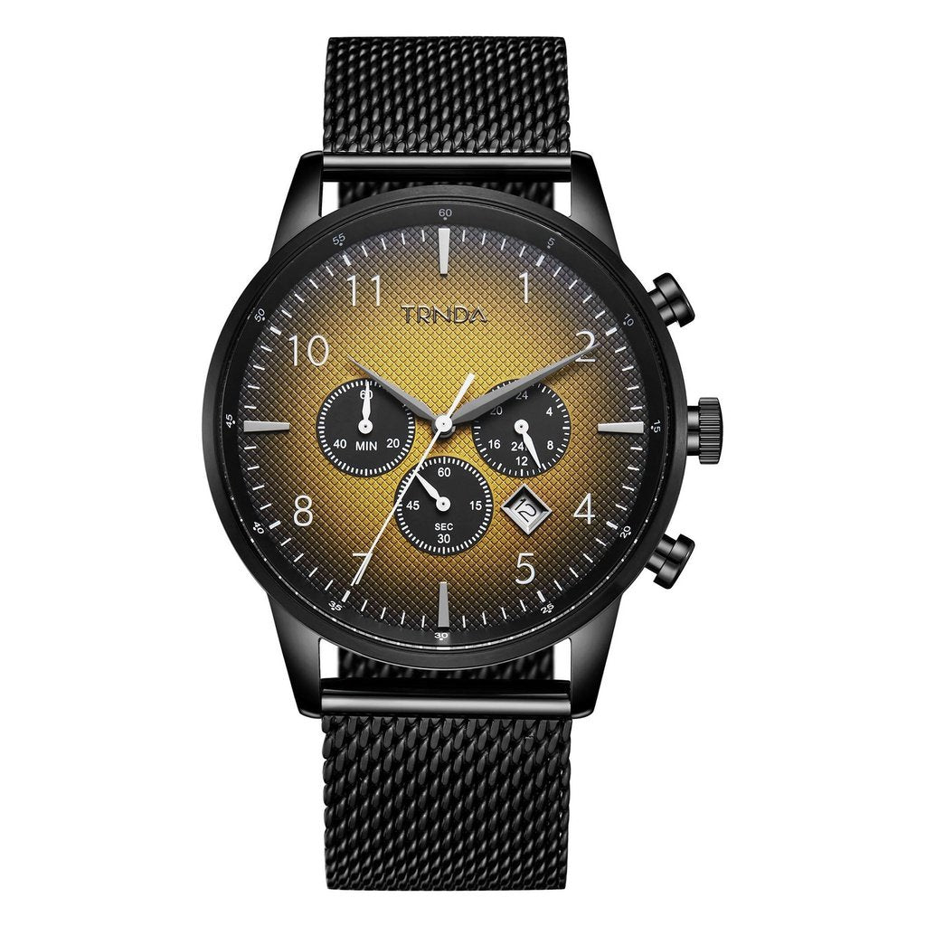 TRNDA TRENDY STAINLESS STEEL MEN'S WATCH - ELEGANT BLACK PLATED WITH GRADIENT CEDAR DIAL