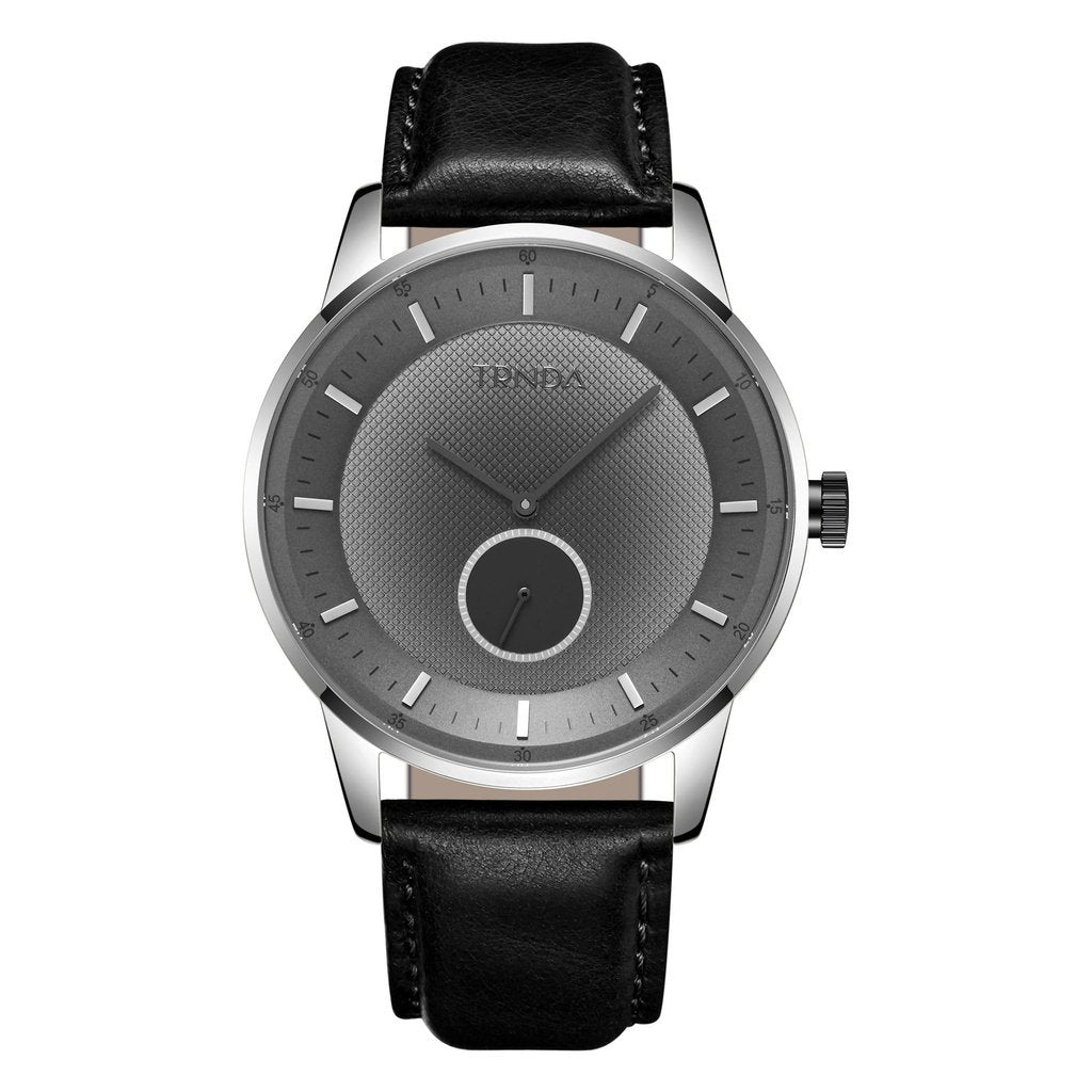 TRNDA MEN'S STAINLESS STEEL TIMEPIECE - GRADIENT LIGHT GRAY DIAL & BLACK LEATHER BAND