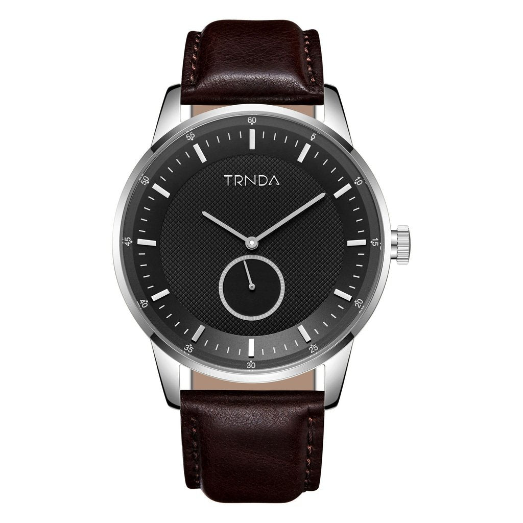 TRNDA MEN'S STAINLESS STEEL TIMEPIECE - ELEGANT BLACK DIAL & BROWN LEATHER BAND