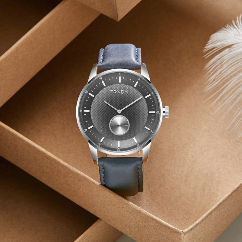 Trnda Men's Stainless Steel Watch, Blue Leather Band | Trn-Ss43 by i-watch