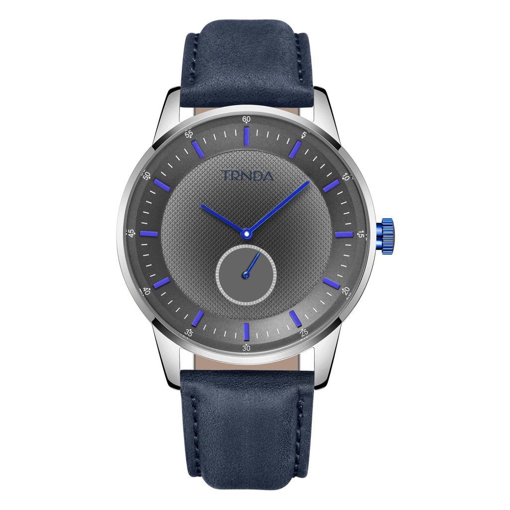 TRNDA MEN'S STAINLESS STEEL TIMEPIECE - ELEGANT BLUE LEATHER & GRADIENT DIAL WATCH
