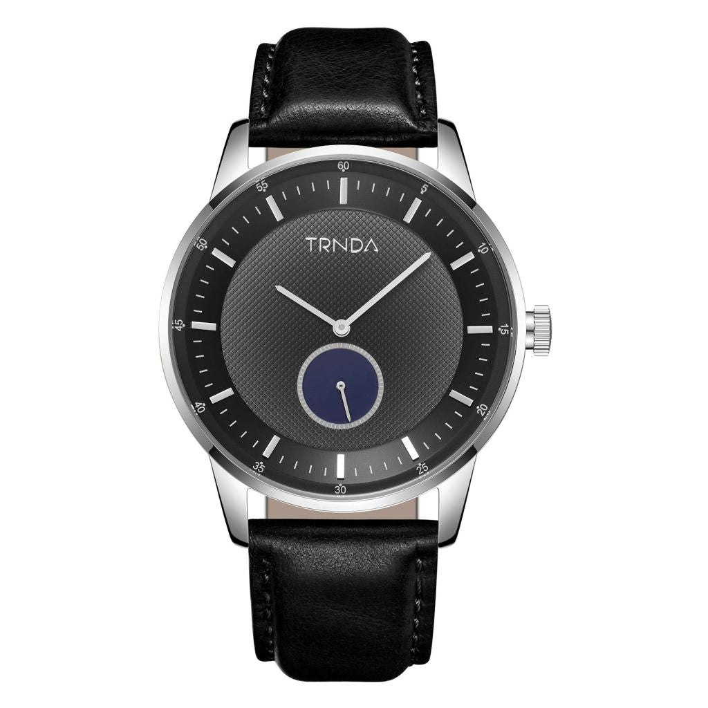 TRNDA STAINLESS STEEL 43MM MEN'S WATCH - BLACK LEATHER BAND & GRADIENT GRAY DIAL