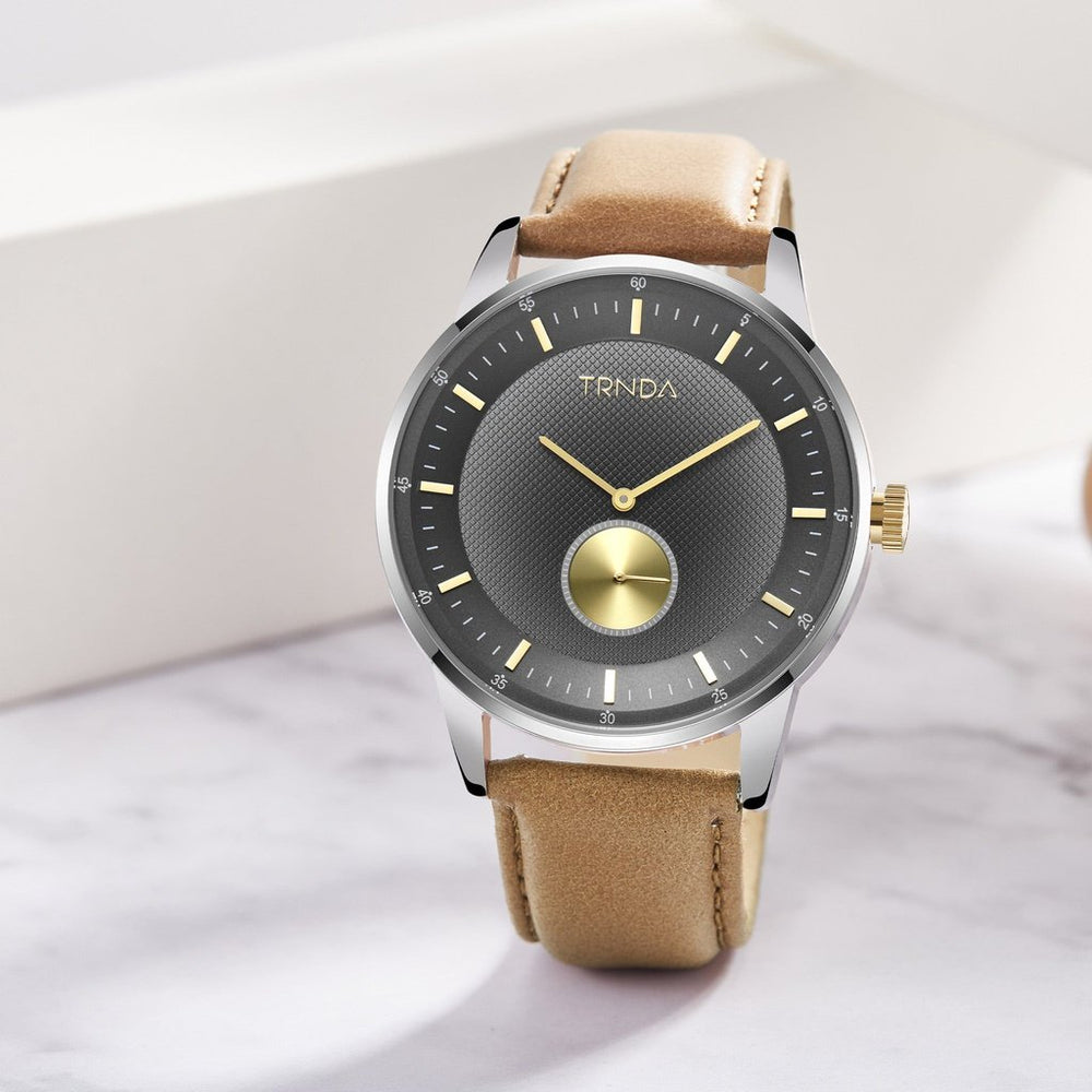 Trnda Men's Stainless Steel Watch, Tan Leather Band | Trn-Ss43 by i-watch