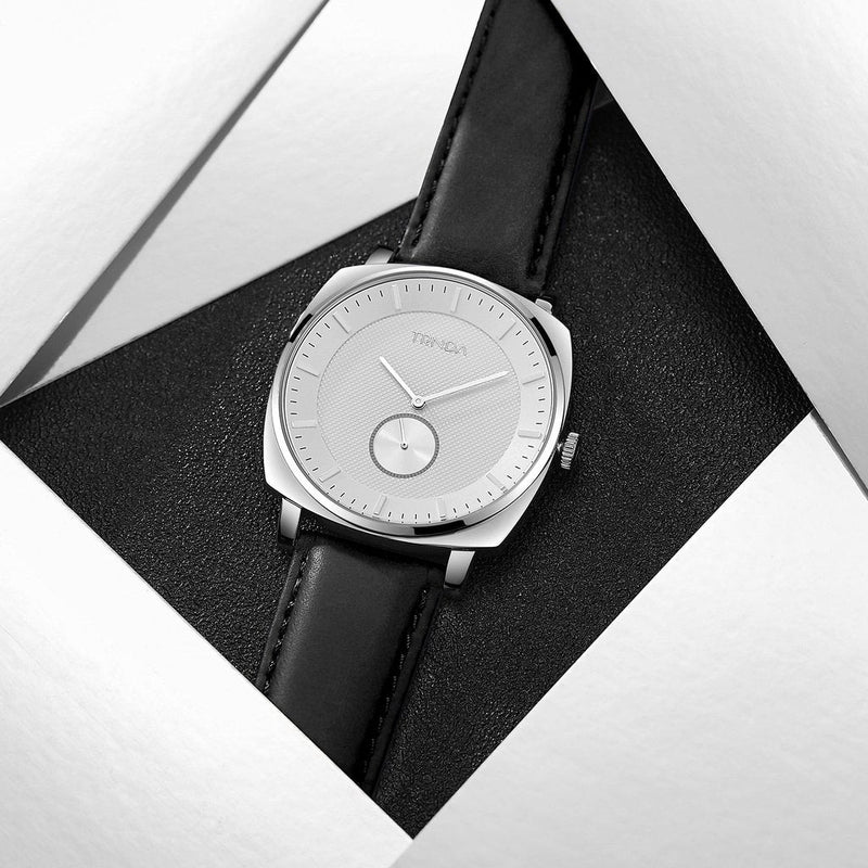 Trnda Men's Stainless Steel Watch, Black Leather Band | Tr45s by i-watch