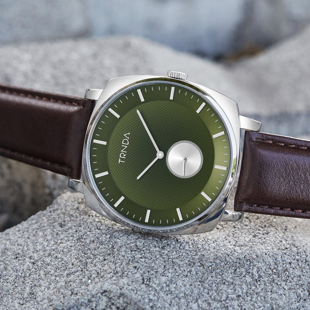 TRNDA SQUARE STAINLESS STEEL MEN'S WATCH - SEAWEED GREEN DIAL & BROWN LEATHER BAND-i-Watch-6