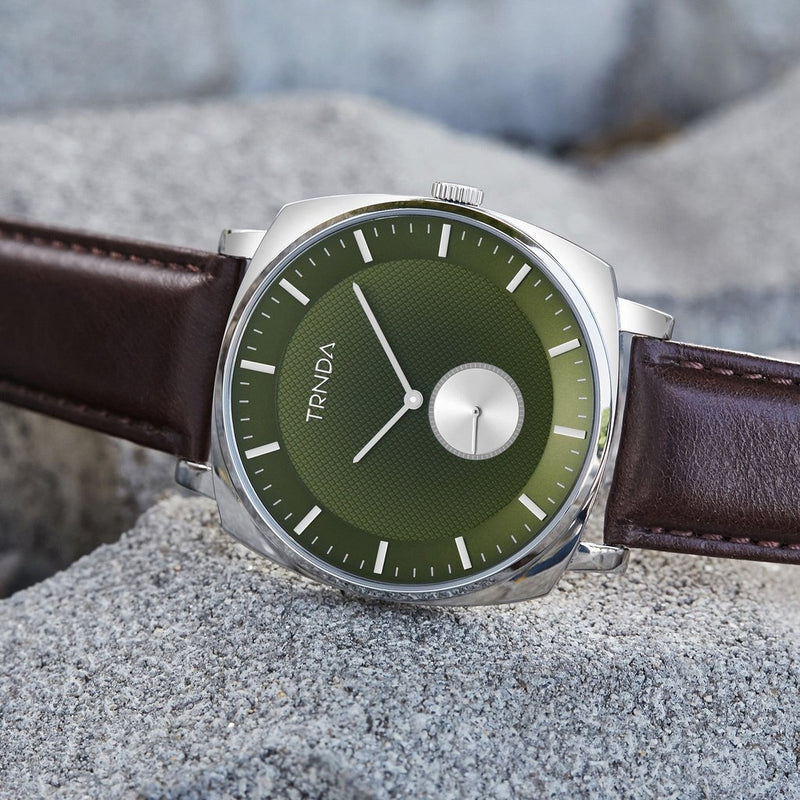 TRNDA SQUARE STAINLESS STEEL MEN'S WATCH - SEAWEED GREEN DIAL & BROWN LEATHER BAND-i-Watch-6