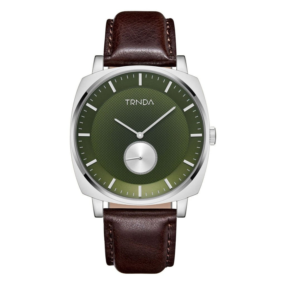 TRNDA SQUARE STAINLESS STEEL MEN'S WATCH - SEAWEED GREEN DIAL & BROWN LEATHER BAND