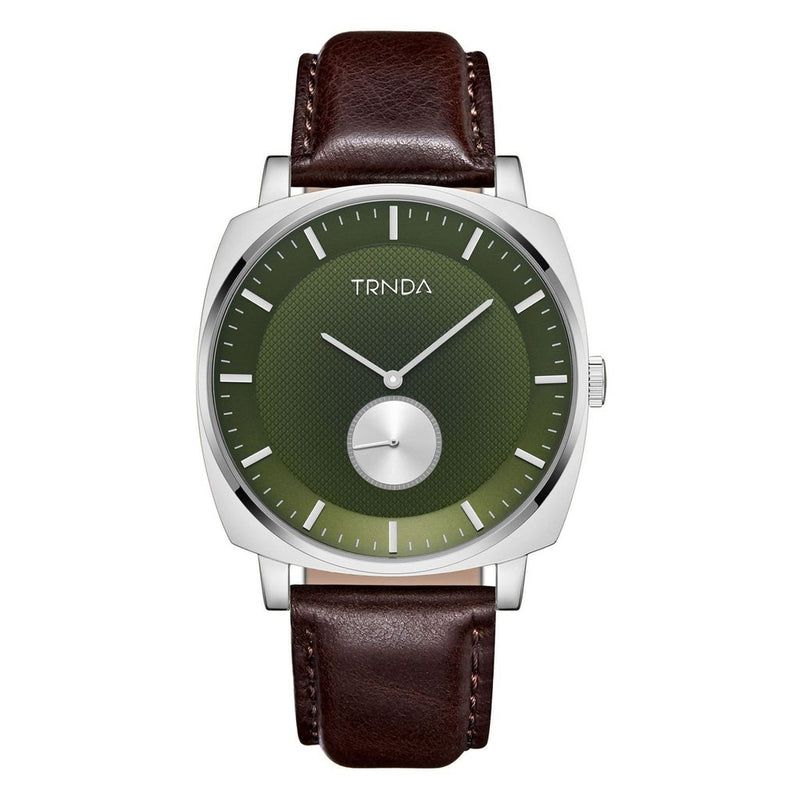 TRNDA SQUARE STAINLESS STEEL MEN'S WATCH - SEAWEED GREEN DIAL & BROWN LEATHER BAND