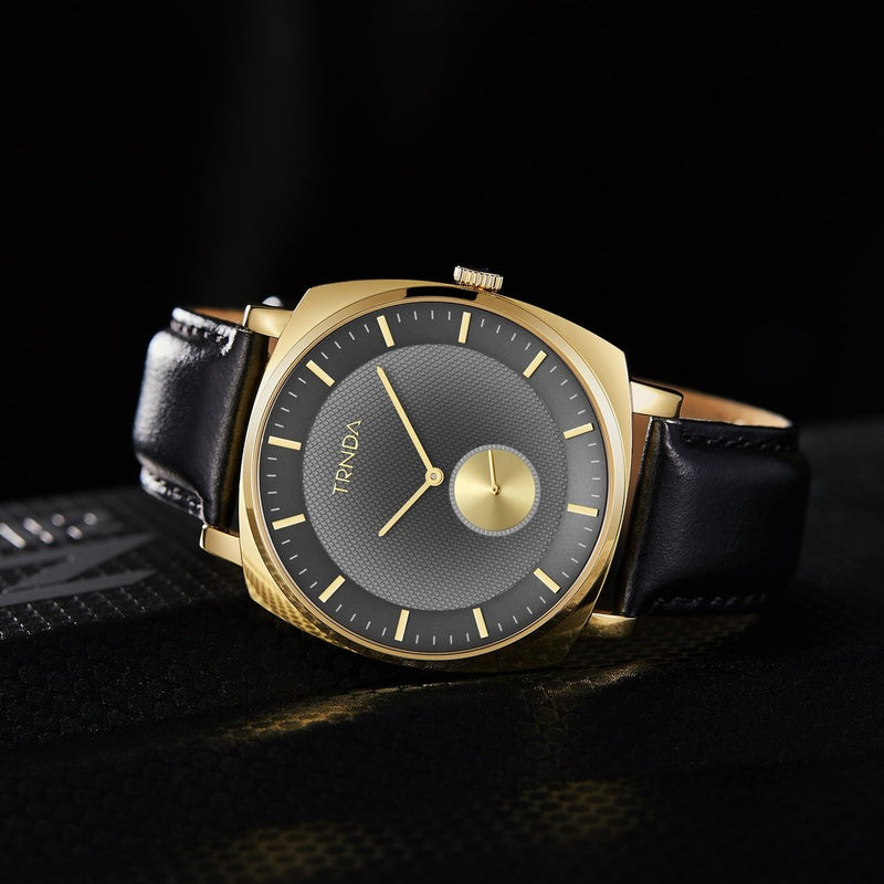 Trnda Men's Gold Stainless Steel Watch, Black Leather Band | Trn-Ss45 by i-watch