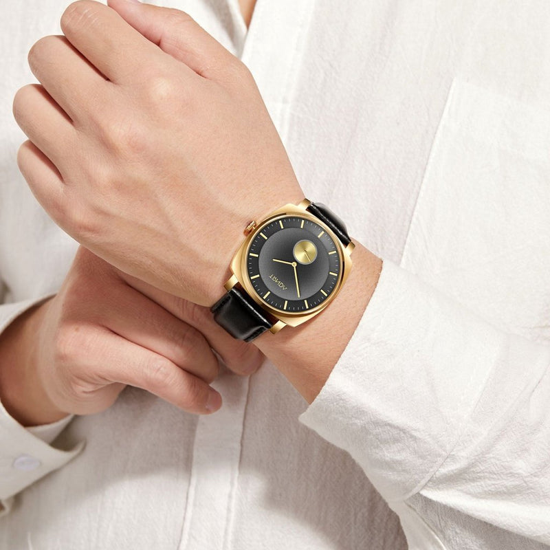 Trnda Men's Gold Stainless Steel Watch, Black Leather Band | Trn-Ss45 by i-watch