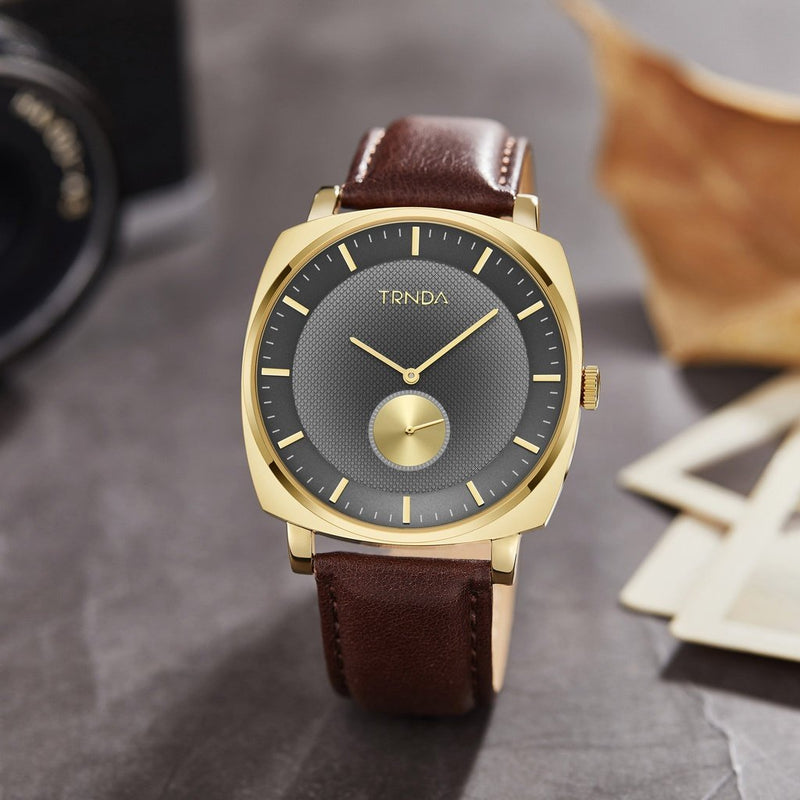 Trnda Men's Gold Stainless Steel Watch, Brown Leather | Trn-001 by i-watch