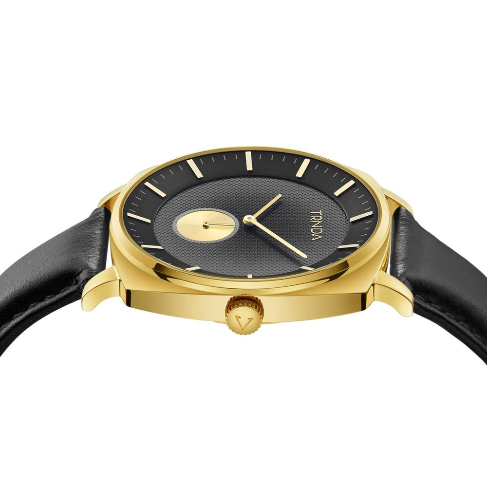 Trnda Men's Gold Stainless Steel Watch, Black Leather Band | Trn-Ss45 by i-watch