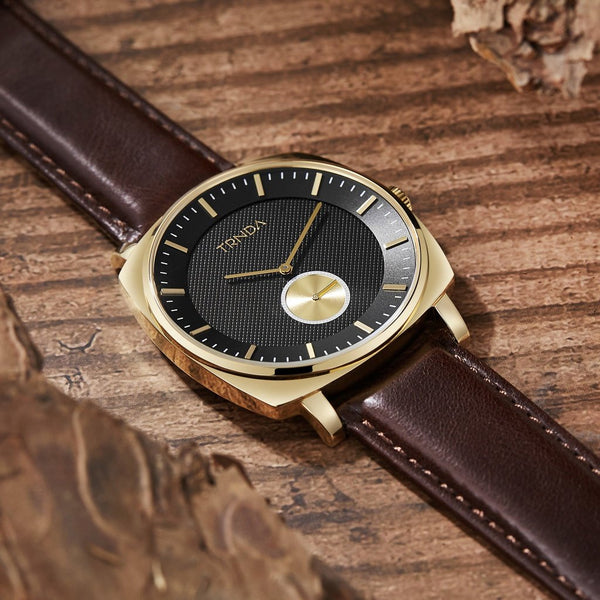 Trnda Men's Stainless Steel Gold Watch, Brown Leather | Trn45mbl by i-watch