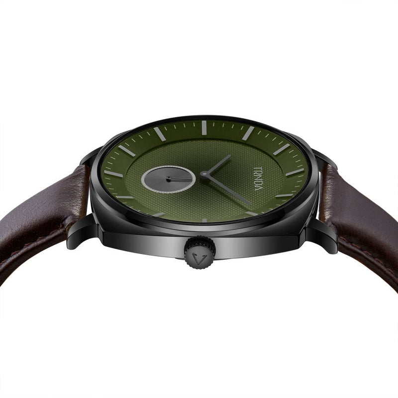 Trnda Men's Stainless Steel Black Watch, Brown Leather | Trn45bdg by i-watch