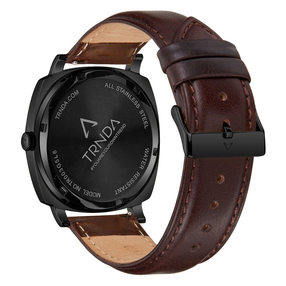 Trnda Men's Stainless Steel Black Watch, Brown Leather | Trn45bdg by i-watch