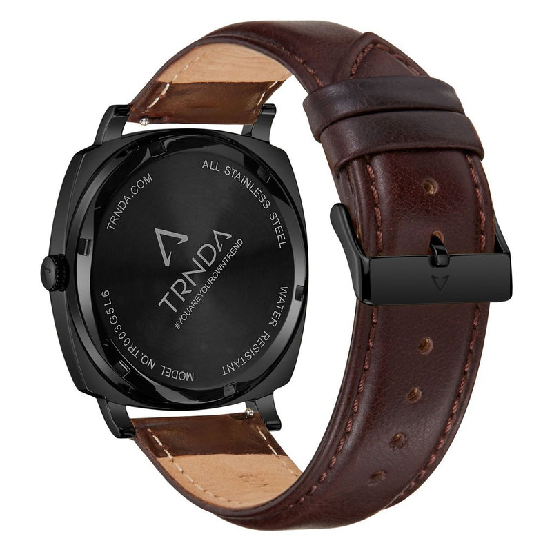 Trnda Men's Stainless Steel Black Watch, Brown Leather | Trn45bdg by i-watch