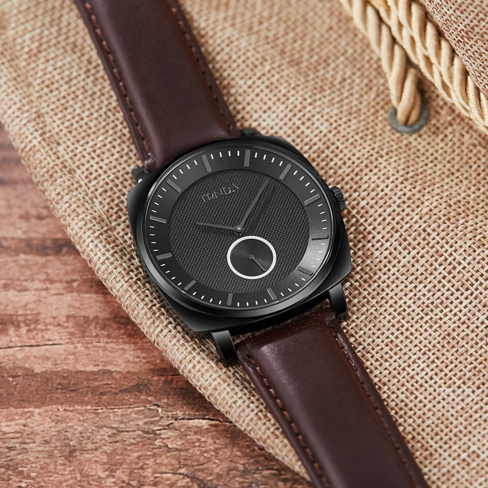 Trnda Men's Stainless Steel Black Watch, Brown Leather | Tr45bl by i-watch