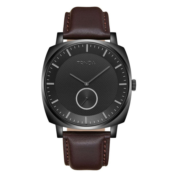 Trnda Men's Stainless Steel Black Watch, Brown Leather | Tr45bl by i-watch