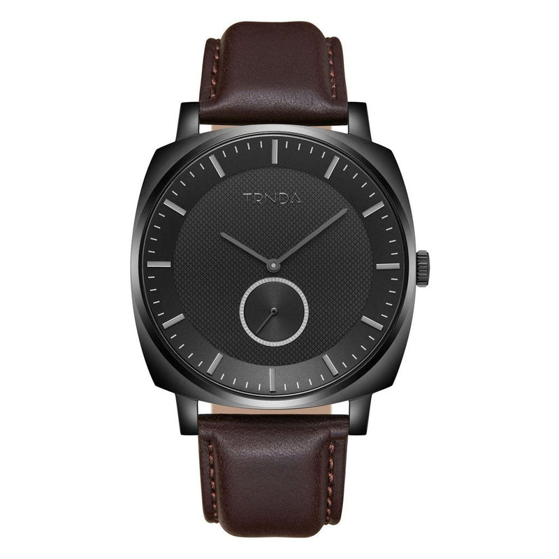 Trnda Men's Stainless Steel Black Watch, Brown Leather | Tr45bl by i-watch
