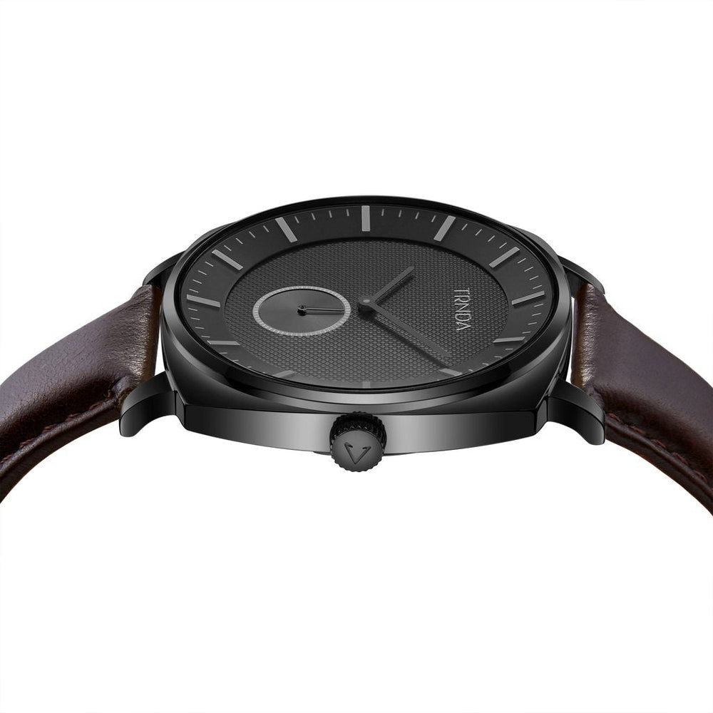 Trnda Men's Stainless Steel Black Watch, Brown Leather | Tr45bl by i-watch