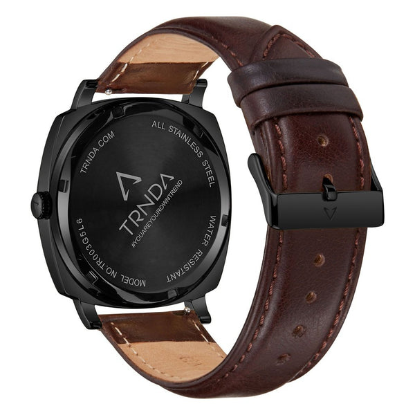 Trnda Men's Stainless Steel Black Watch, Brown Leather | Tr45bl by i-watch