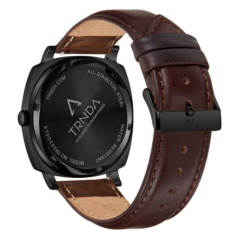Trnda Men's Stainless Steel Black Watch, Brown Leather | Tr45bl by i-watch