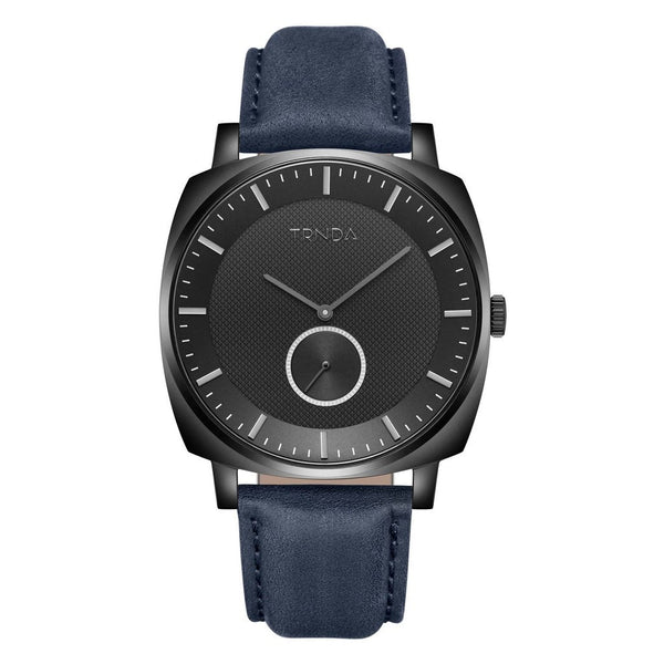 TRNDA STAINLESS STEEL SQUARE BLACK DIAL MEN'S WATCH - BLUE LEATHER BAND - TIMELESS TRENDSETTER