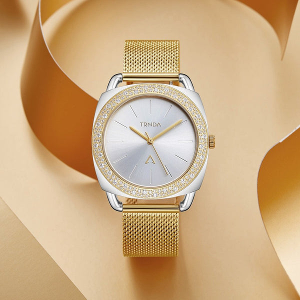 Trnda Women's Stainless Steel Gold Mesh Watch, Silver Dial | Trnda-35.8 by i-watch