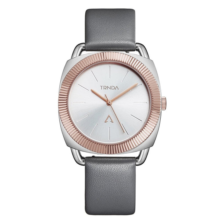 TRNDA Women's Watch with Silver Stainless Steel Case and Gray Leather Band