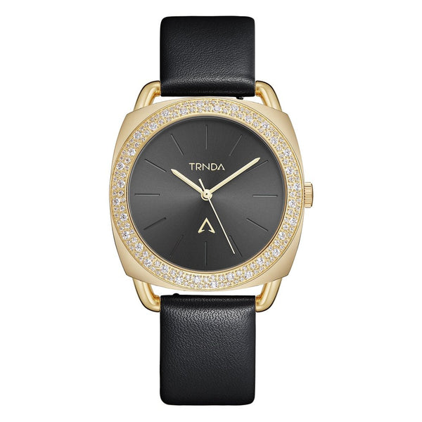 TRNDA Women's Watch with Gold Stainless Steel Case and Black Leather Band