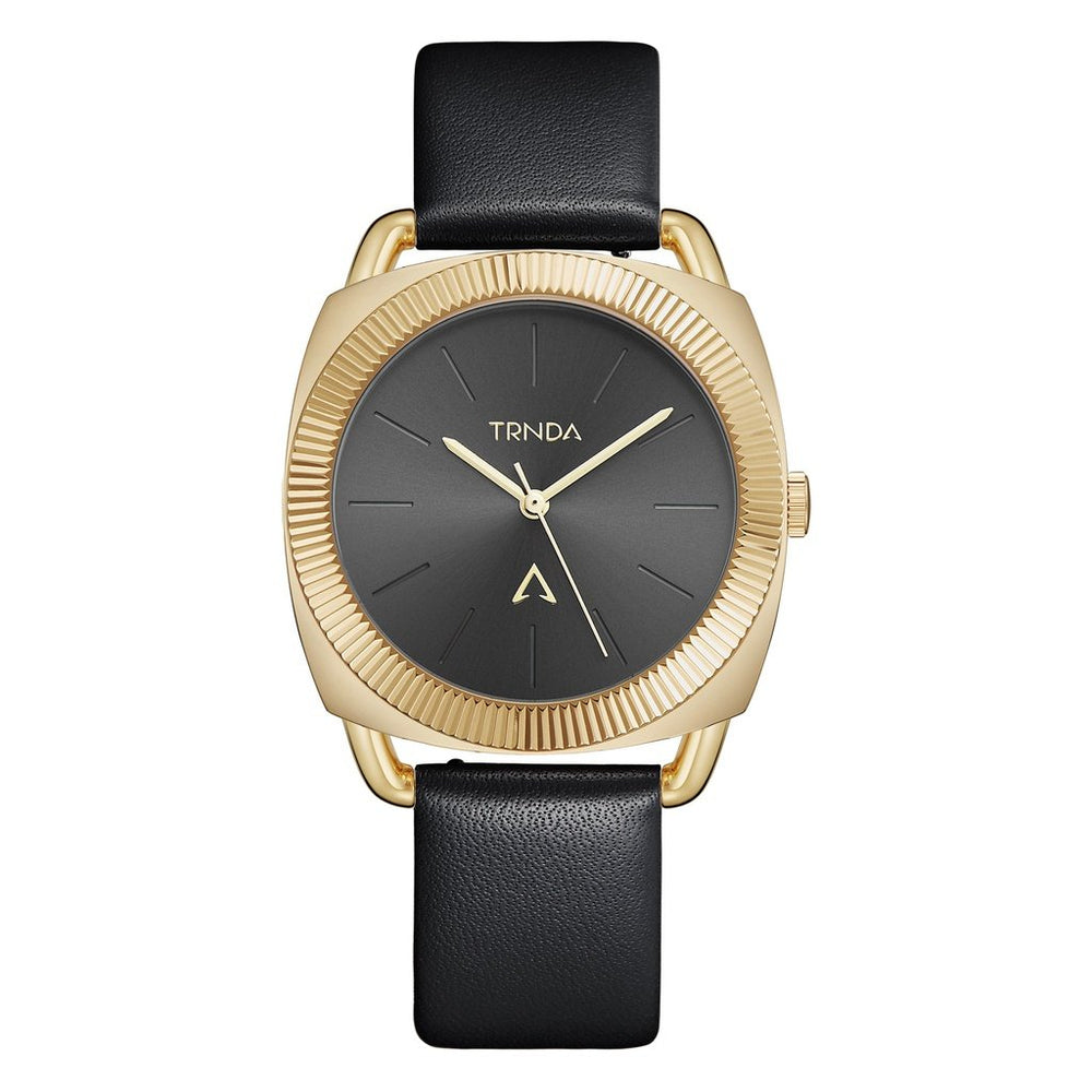 TRNDA Women's Watch with Gold Stainless Steel Case and Black Leather Band