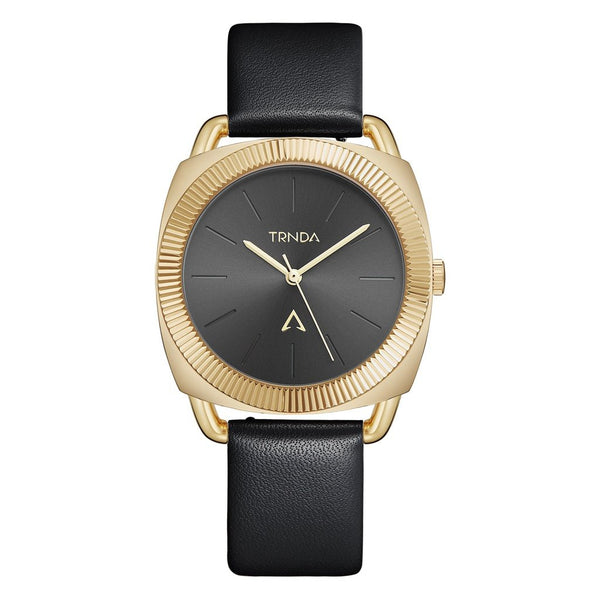 TRNDA Women's Watch with Gold Stainless Steel Case and Black Leather Band