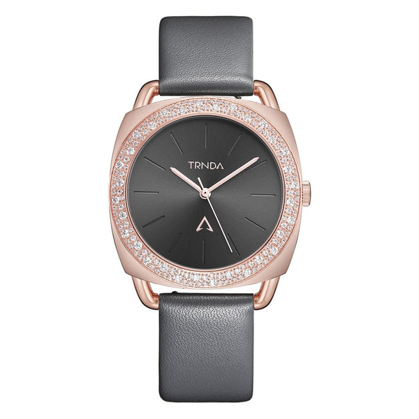 TRNDA Women's Watch with Rose Gold Stainless Steel Case and Gray Leather Band