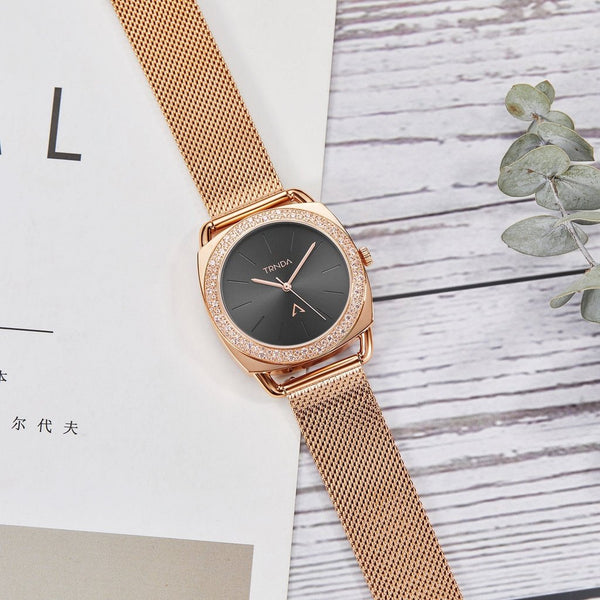 Trnda Women's Rose Gold Stainless Steel Watch, Black Dial | Trn-35.8-Rg by i-watch