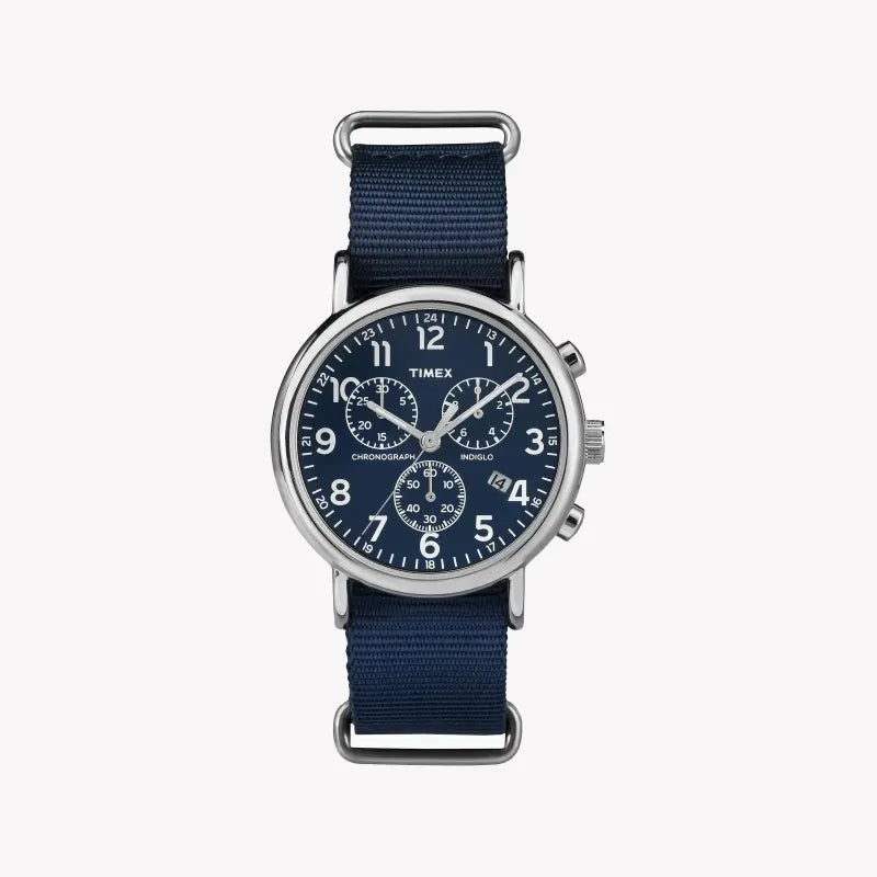 Timex Weekender Classic Tw2p71300 - Men's Blue Fabric & Brass Chronograph Watch With Indiglo Night-Light